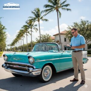 IACP certified auto appraiser inspecting a 1957 Chevrolet Bel Air for a Classic Car Appraisal.
