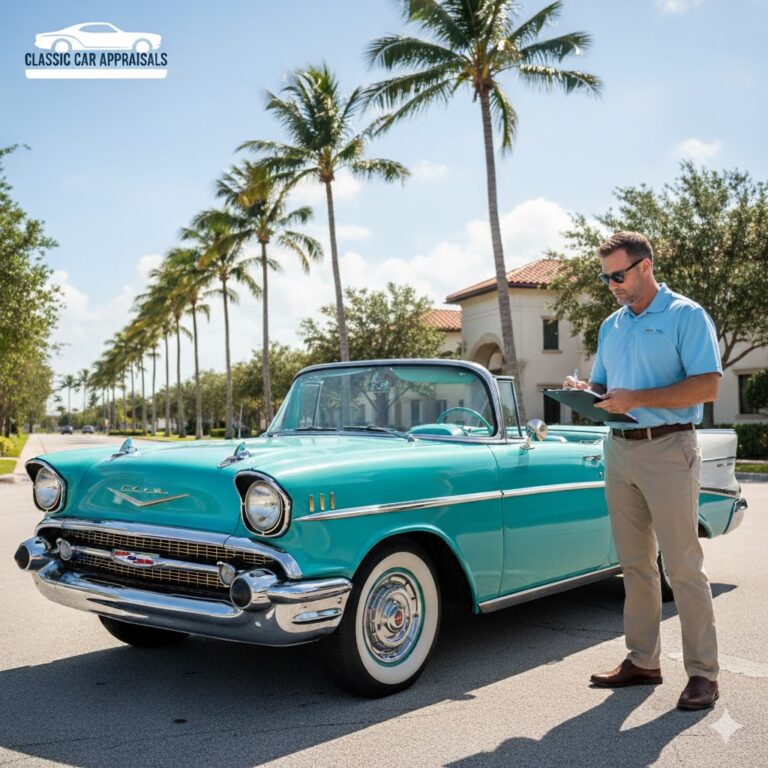 IACP certified auto appraiser inspecting a 1957 Chevrolet Bel Air for a Classic Car Appraisal.