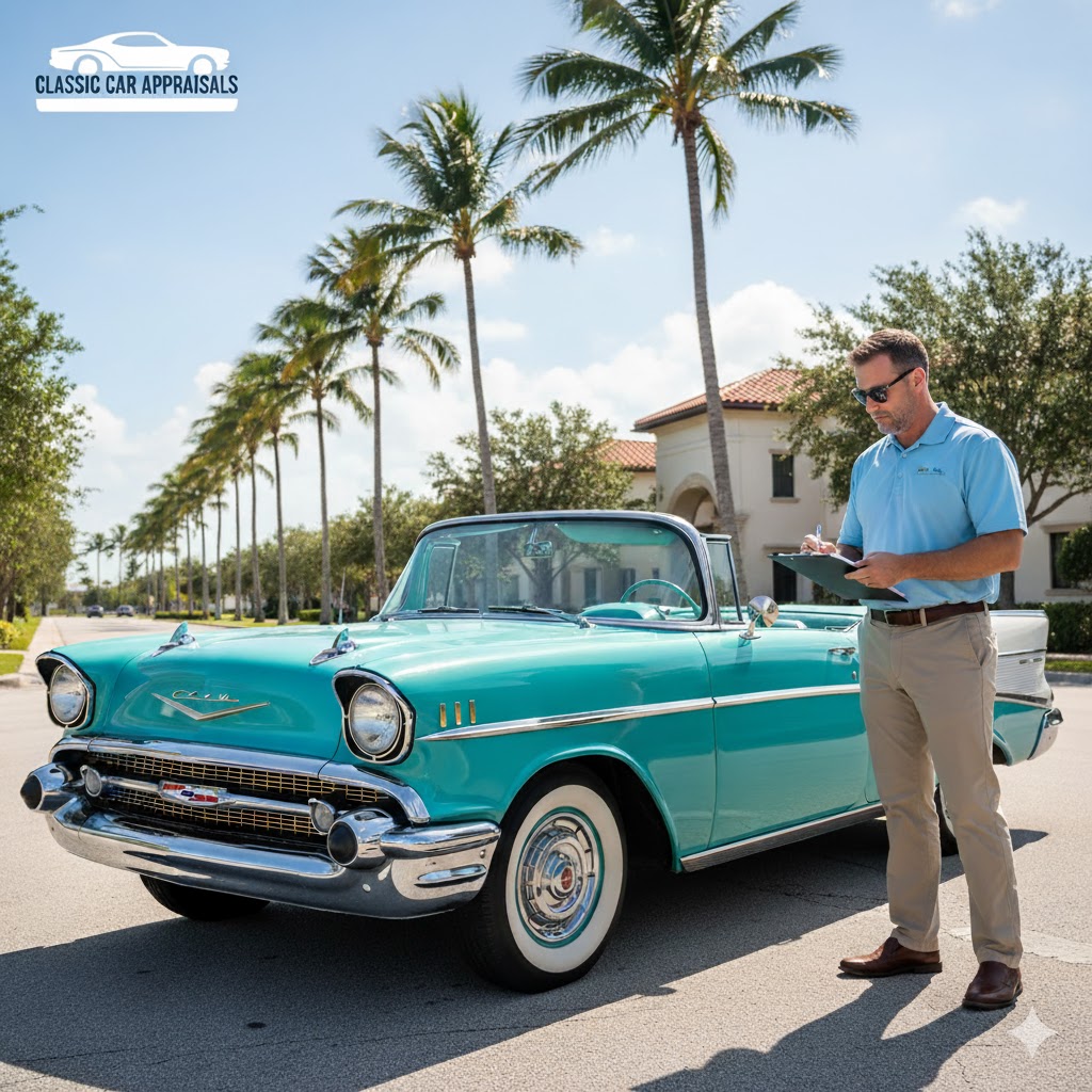 IACP certified auto appraiser inspecting a 1957 Chevrolet Bel Air for a Classic Car Appraisal.