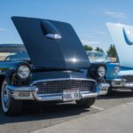 A line of classic 1957 Ford Thunderbirds in black, light blue, and grey with their hoods open at a classic car auction