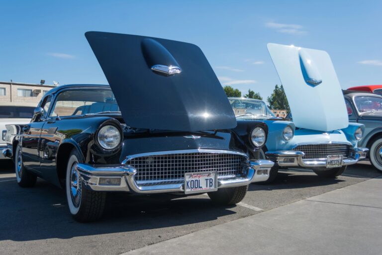 A line of classic 1957 Ford Thunderbirds in black, light blue, and grey with their hoods open at a classic car auction