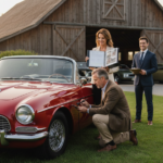 A professional male appraiser in a brown blazer kneeling to inspect the fender of a red classic roadster while a woman holds a photo documentation binder and another man in a suit looks on.