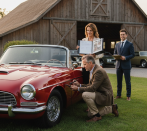 A professional male appraiser in a brown blazer kneeling to inspect the fender of a red classic roadster while a woman holds a photo documentation binder and another man in a suit looks on.