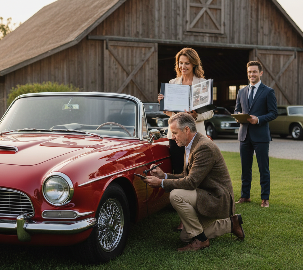 A professional male appraiser in a brown blazer kneeling to inspect the fender of a red classic roadster while a woman holds a photo documentation binder and another man in a suit looks on.