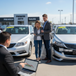 A professional vehicle appraiser showing a depreciation chart on a laptop to a concerned couple at a car dealership with damaged and repaired sedans.