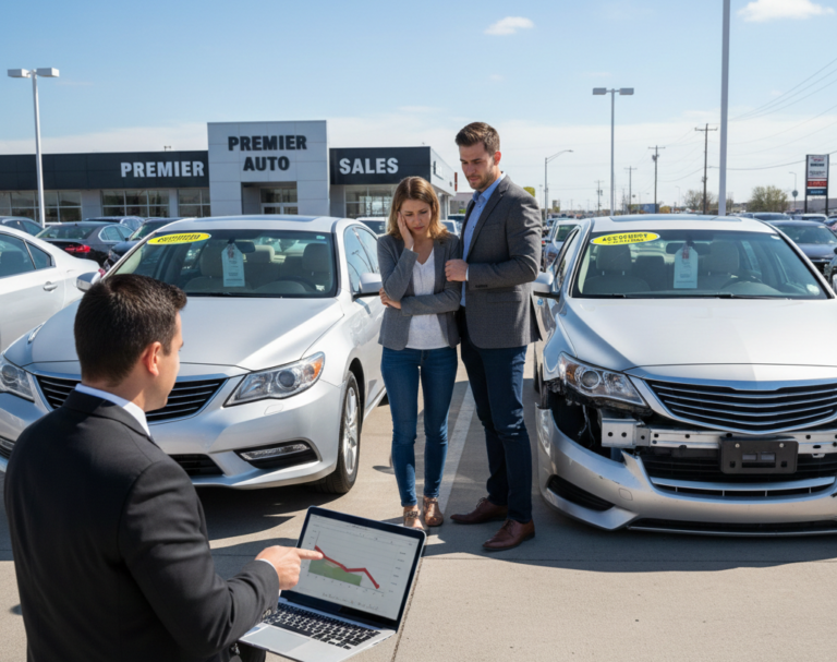 A professional vehicle appraiser showing a depreciation chart on a laptop to a concerned couple at a car dealership with damaged and repaired sedans.