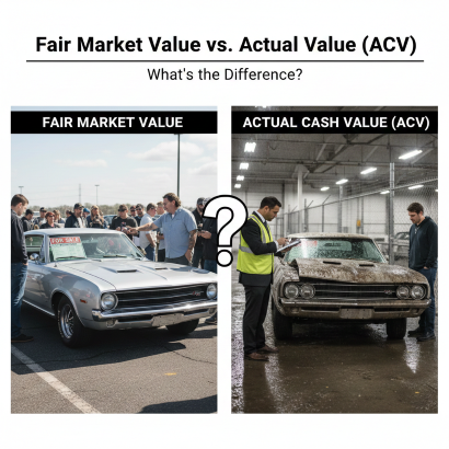 A side-by-side comparison infographic showing a pristine classic car for Fair Market Value and a damaged vehicle for Actual Cash Value (ACV).