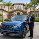 A professional appraiser in a suit using a tablet to inspect a blue Range Rover in the driveway of a luxury Florida estate.