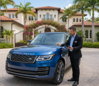 A professional appraiser in a suit using a tablet to inspect a blue Range Rover in the driveway of a luxury Florida estate.
