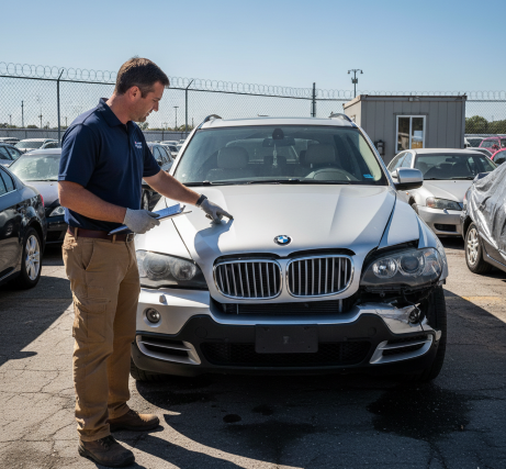 A professional vehicle appraiser in a blue polo and tan cargo pants inspecting the hood of a silver BMW X5 at an outdoor salvage lot.