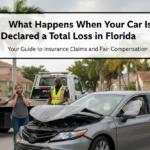 Infographic showing a woman on the phone next to a crashed silver sedan and a police officer in Florida, with text overlay about total loss insurance claims.