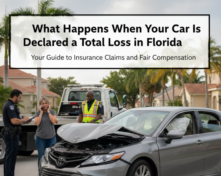 Infographic showing a woman on the phone next to a crashed silver sedan and a police officer in Florida, with text overlay about total loss insurance claims.