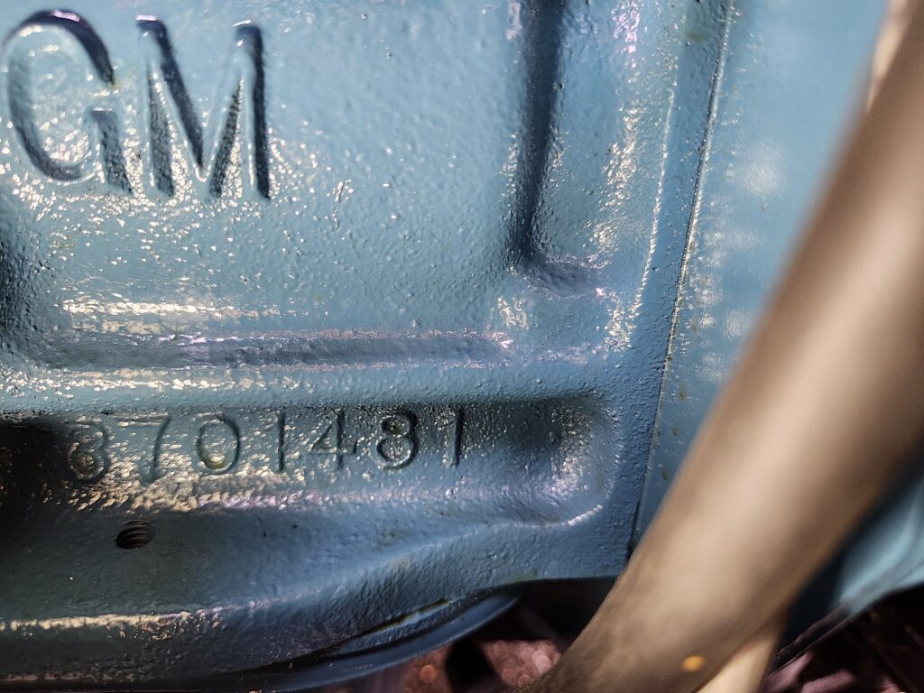 echnical close-up of the GM 3701481engine block casting number on a restored 235 CI Blue Flame six-cylinder engine.