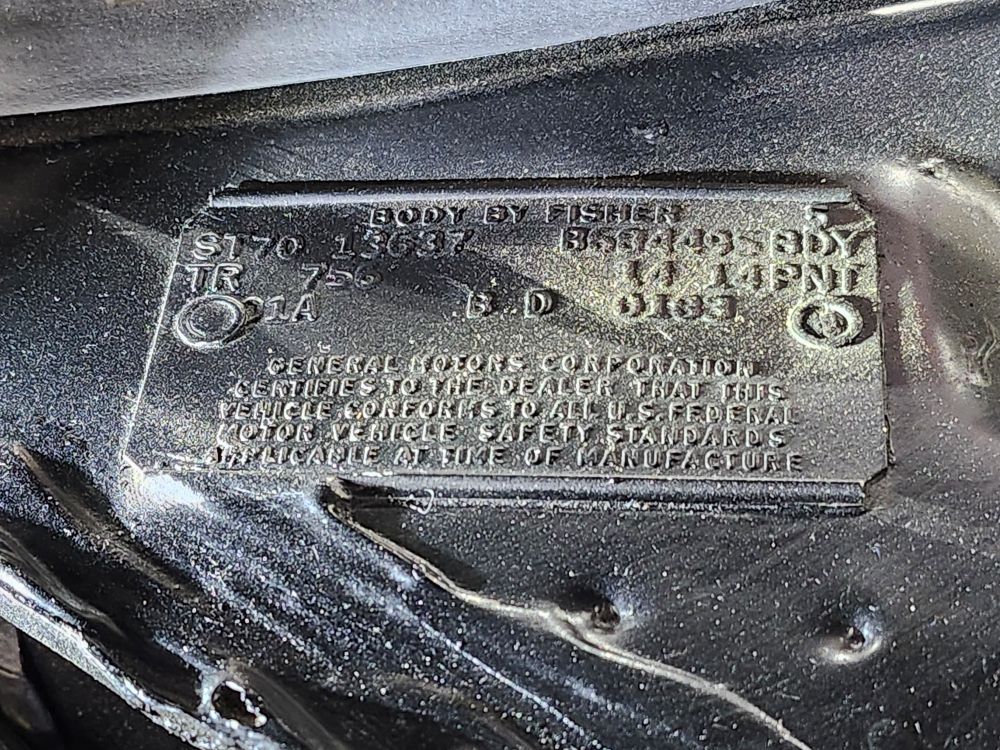 Close-up of a GM Fisher body tag on a vehicle used to determine if the vehicle is period correct or numbers matching.