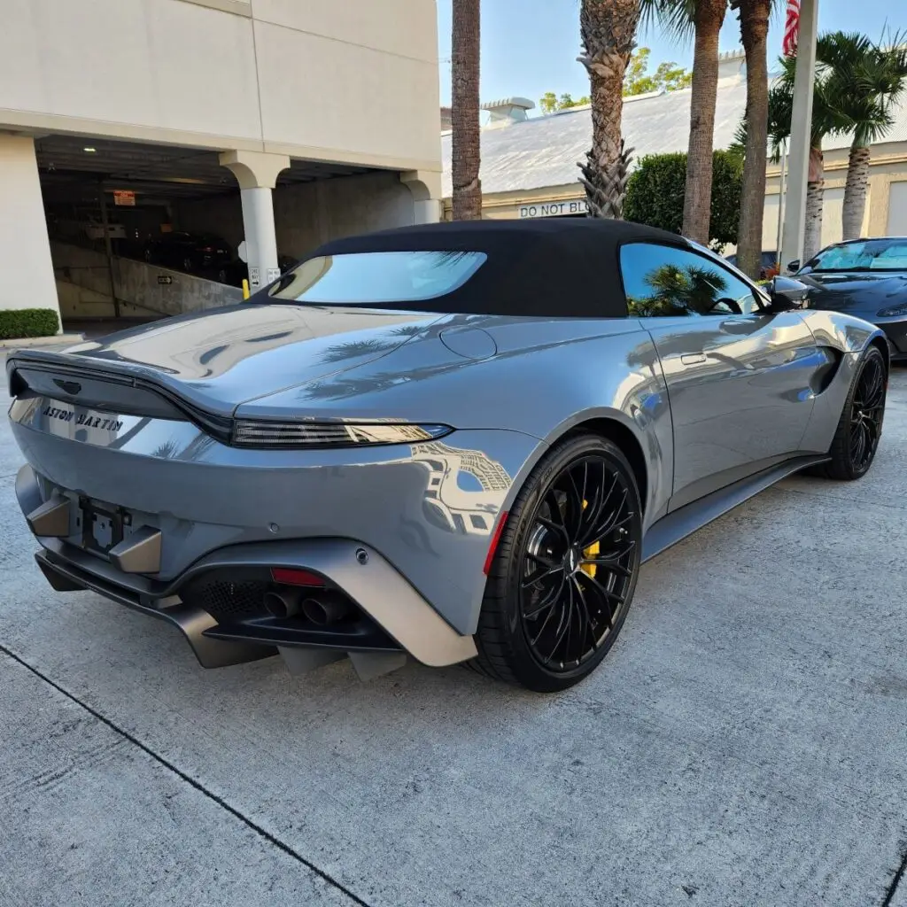 Rear-profile evaluation of a grey Aston Martin Vantage Roadster to support a specialized diminished value appraisal in Wellington Florida.