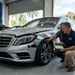 A professional auto appraiser and a mechanic examine a damaged Mercedes-Benz to determine if the owner should choose to keep the vehicle after a total loss in Florida, evaluating repairability versus the insurance company's salvage value.