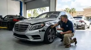 A professional auto appraiser and a mechanic examine a damaged Mercedes-Benz to determine if the owner should choose to keep the vehicle after a total loss in Florida, evaluating repairability versus the insurance company's salvage value.
