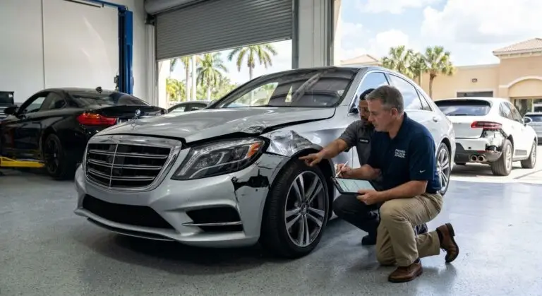 A professional auto appraiser and a mechanic examine a damaged Mercedes-Benz to determine if the owner should choose to keep the vehicle after a total loss in Florida, evaluating repairability versus the insurance company's salvage value.