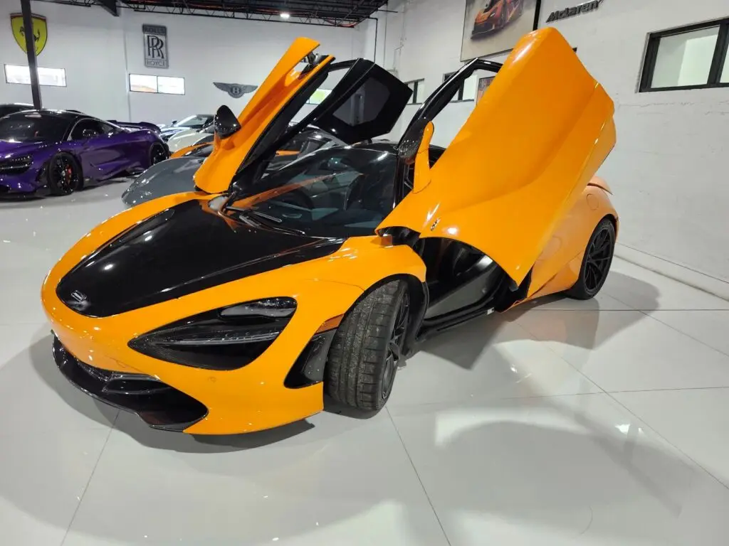 A 2018 McLaren 720S undergoing a diminished value appraisal in Boca Raton to determine the loss in resale value after an accident despite high-quality repairs.