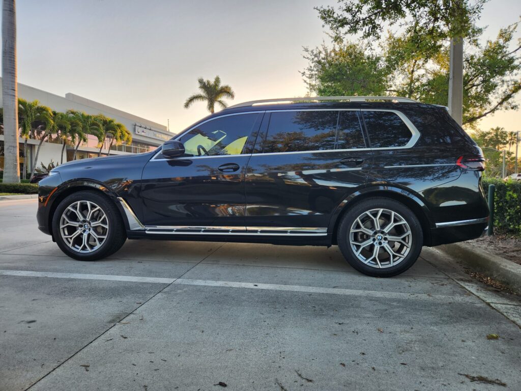 BMW X7 after repairs from a rear-end collision damage undergoing a diminished value appraisal in Jupiter, Florida.