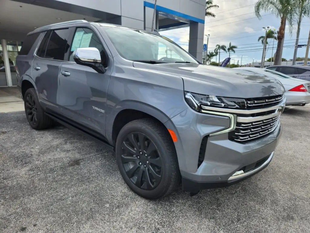 Front-view market assessment of a grey Chevrolet Tahoe for a specialized diminished value appraisal in Pompano Beach.