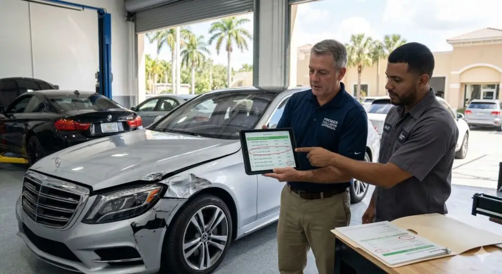 A professional vehicle appraiser reviewing a list of comparable vehicle listings on a tablet to determine the actual cash value of a damaged Mercedes-Benz, ensuring the insurance total loss settlement reflects current market data rather than just automated estimates.