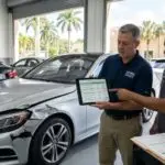 A professional vehicle appraiser reviewing a list of comparable vehicle listings on a tablet to determine the actual cash value of a damaged Mercedes-Benz, ensuring the insurance total loss settlement reflects current market data rather than just automated estimates.