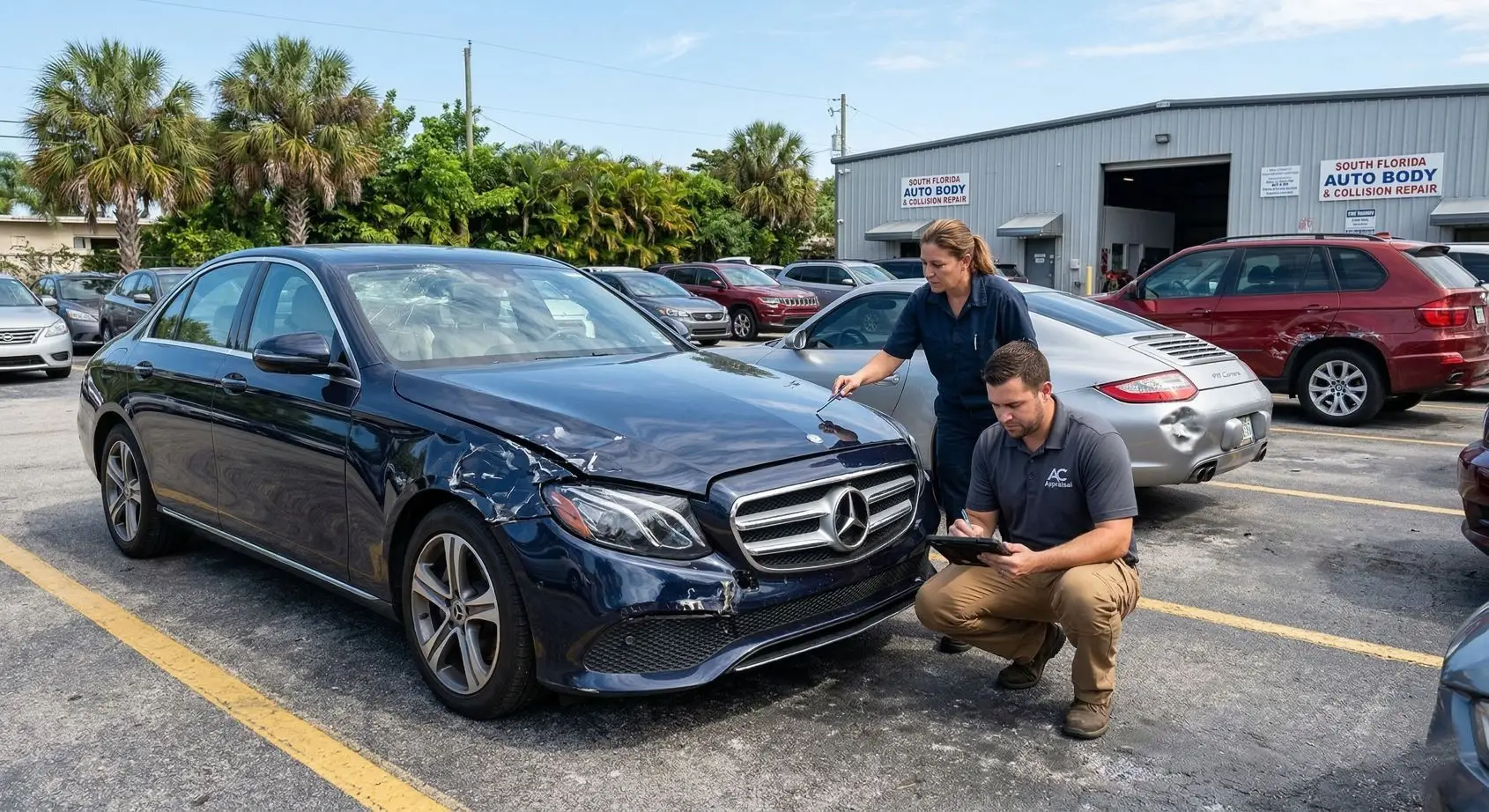 A professional independent appraiser documents vehicle damage at a South Florida collision center to provide the necessary evidence for a total loss settlement negotiation, ensuring the final payout reflects the car's true market value rather than an undervalued insurance estimate.