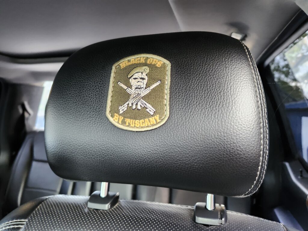 Black Ops Edition embroidered headrest inside a 2016 Ford F150 Black Ops truck inspected during a total loss appraisal in West Palm Beach FL