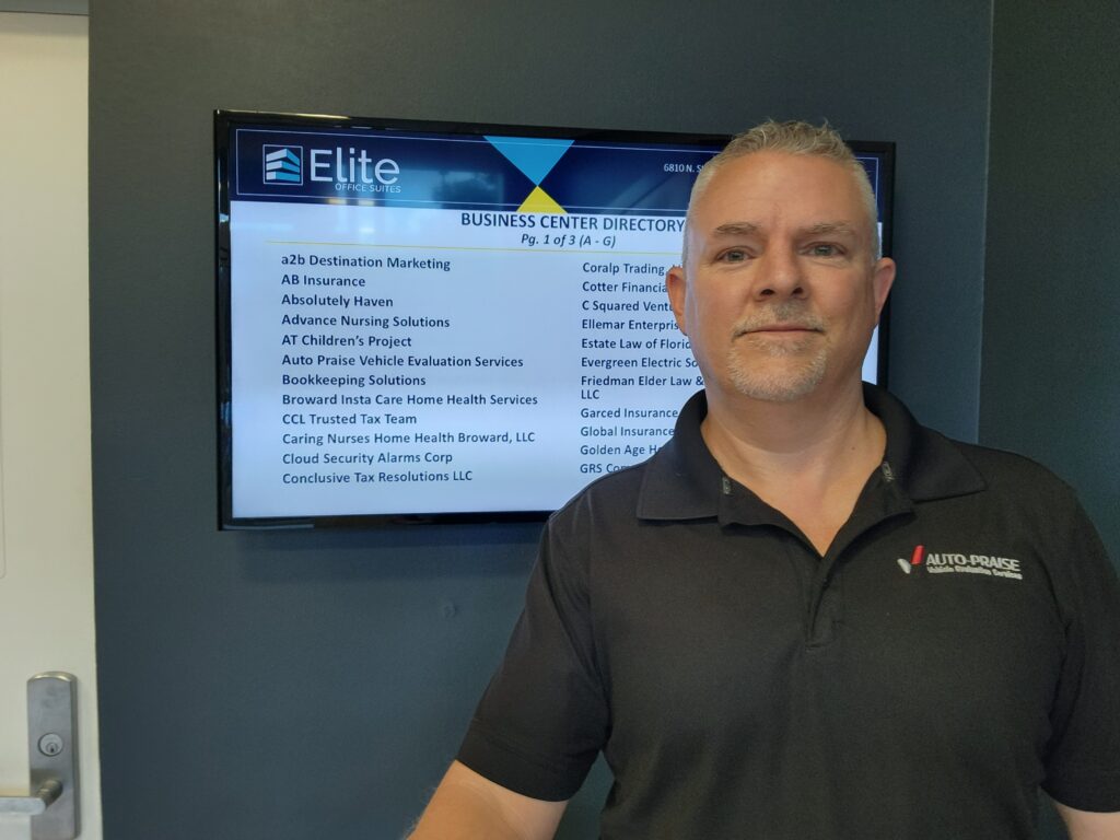 Daryl Zelinski, independent auto appraiser and owner of Auto Praise Vehicle Evaluation Services, at the Elite Office Suites business directory in Coconut Creek, Florida