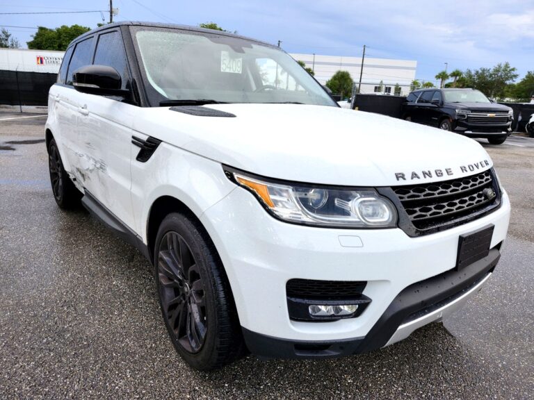 2016 Range Rover Sport with driver side door damage and black wheels photographed in Jupiter Florida for total loss appraisal