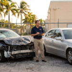 Auto appraiser comparing a destroyed vehicle and a repairable damaged luxury sedan, illustrating actual total loss versus constructive total loss.