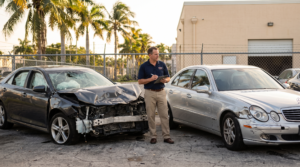 Auto appraiser comparing a destroyed vehicle and a repairable damaged luxury sedan, illustrating actual total loss versus constructive total loss.