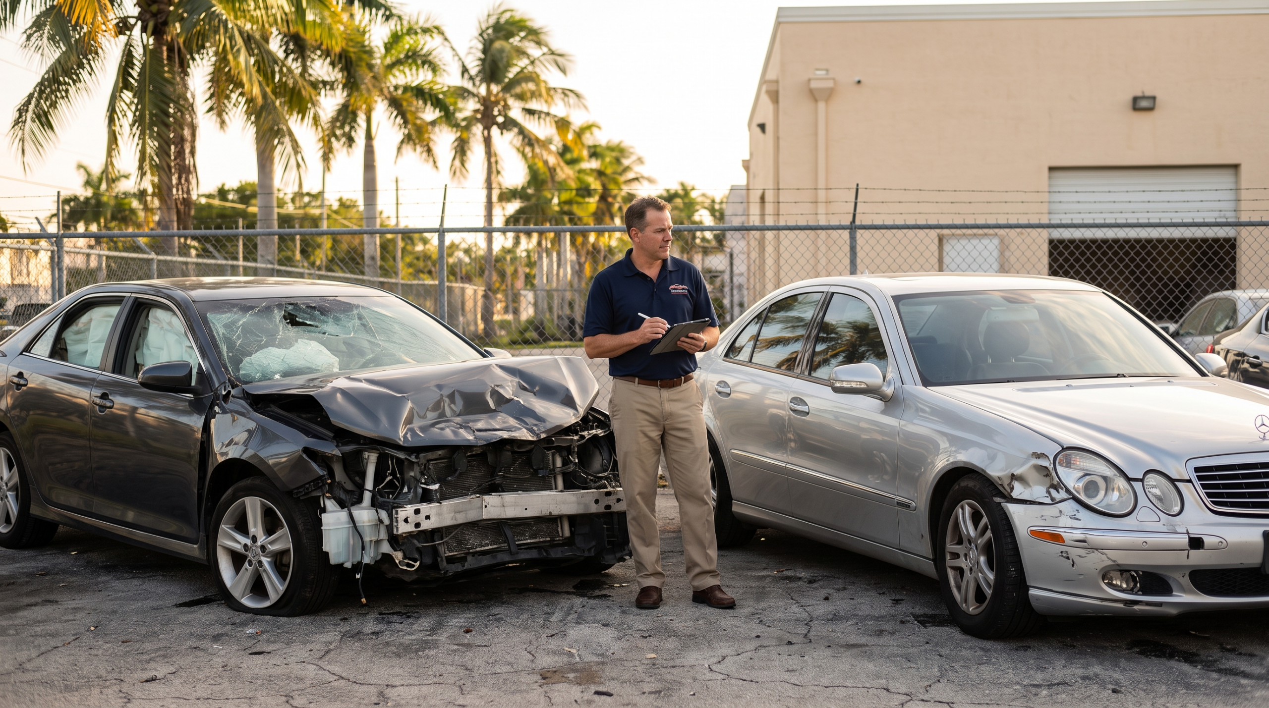 Auto appraiser comparing a destroyed vehicle and a repairable damaged luxury sedan, illustrating actual total loss versus constructive total loss.