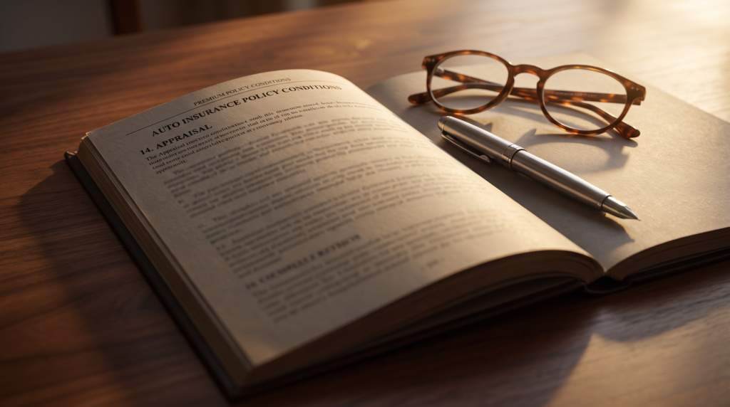 Auto insurance policy open to the appraisal clause under the policy conditions section, showing where appraisal clause insurance language is located.