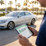 Auto appraiser reviewing a vehicle history report on a tablet beside a clean luxury sedan, illustrating how accurate Carfax is.