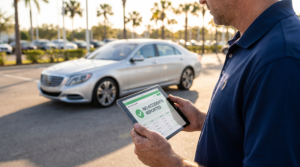 Auto appraiser reviewing a vehicle history report on a tablet beside a clean luxury sedan, illustrating how accurate Carfax is.