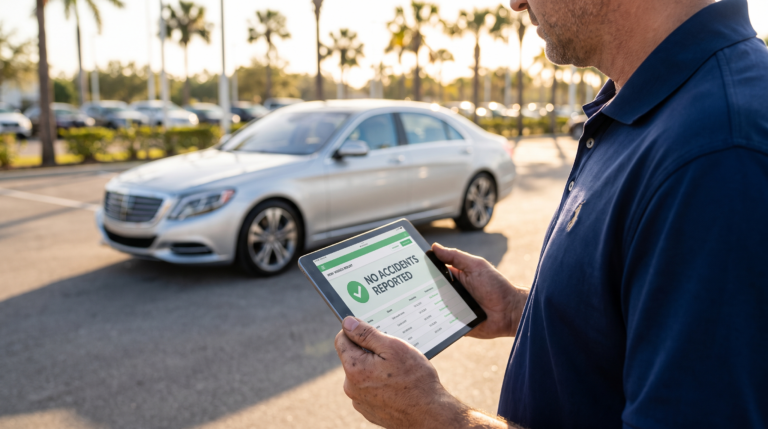 Auto appraiser reviewing a vehicle history report on a tablet beside a clean luxury sedan, illustrating how accurate Carfax is.