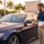 Auto appraiser reviewing vehicle history and comparable sales data on a tablet beside a repaired luxury sedan, illustrating inherent diminished value assessment
