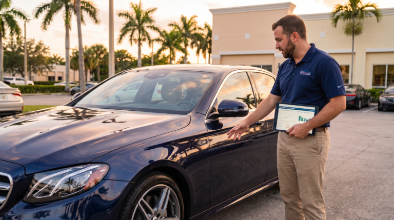Auto appraiser reviewing vehicle history and comparable sales data on a tablet beside a repaired luxury sedan, illustrating inherent diminished value assessment
