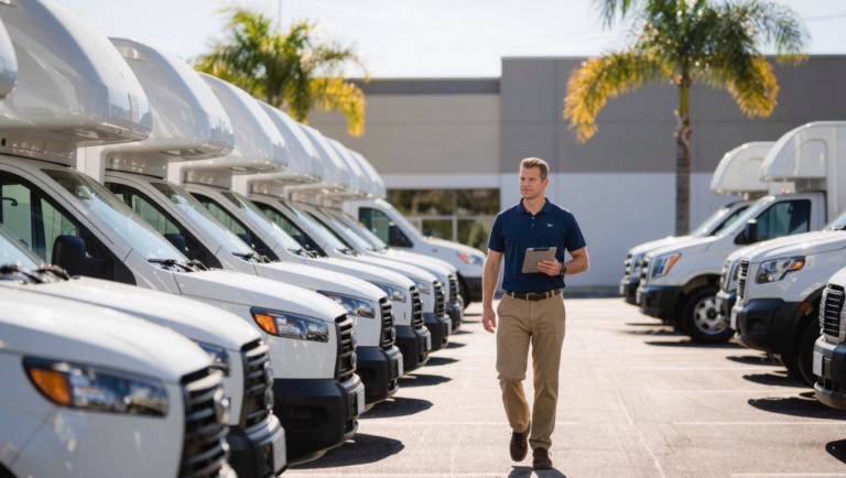 Appraiser inspecting a row of commercial vehicles for a fleet appraisal in Florida