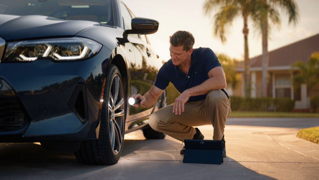 Independent auto appraiser inspecting a vehicle's lower panel during a field visit in Florida