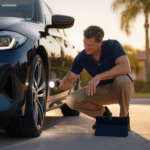 Independent auto appraiser inspecting a vehicle's lower panel during a field visit in Florida