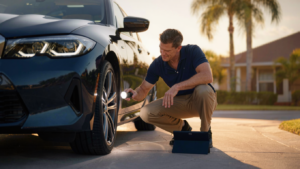 Independent auto appraiser inspecting a vehicle's lower panel during a field visit in Florida