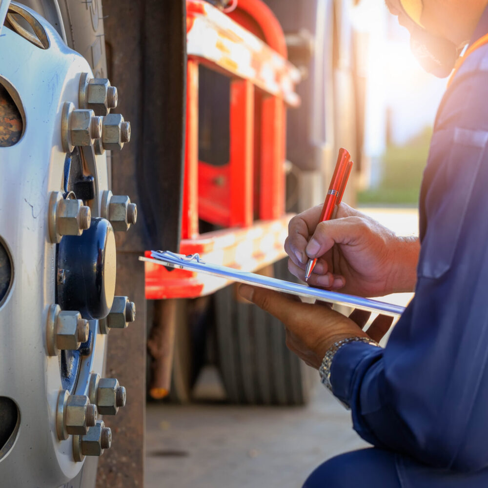 Preforming a pre-trip inspection on a truck,Concept preventive maintenance truck checklist,Truck driver holding clipboard with checking of truck,spot focus.